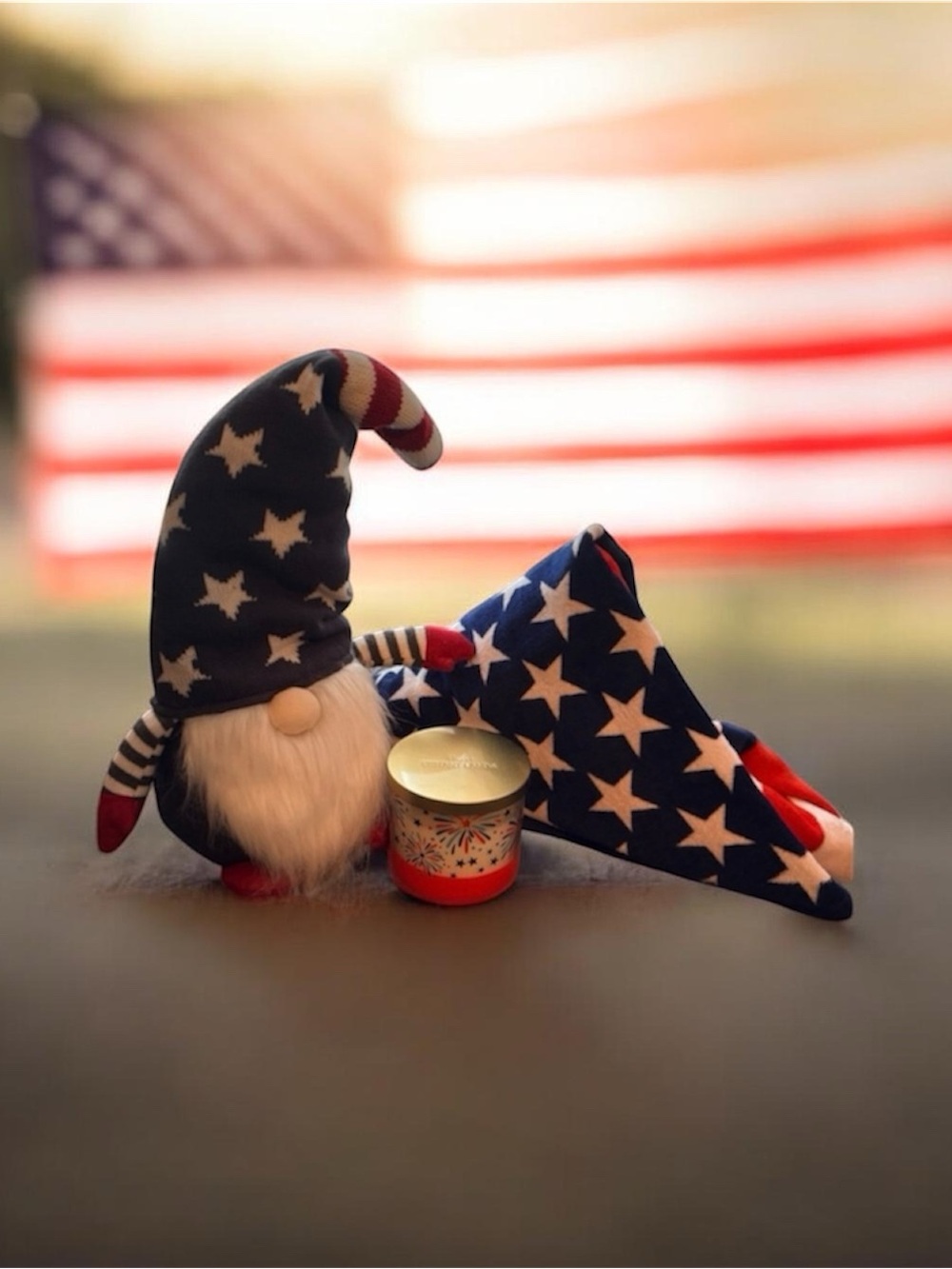 Patriotic 20” Gnome Plush 3 Wick Candle,  30” x 60” American Flag Beach Towel - Picture 16 of 16